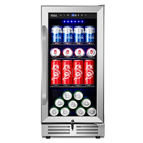 Velieta 15inch Beverage Refrigerator and Beer Fridge Under Counter Built-in or Freestanding,127 Cans Beverage Cooler with Glass Door and Lock for Bottles and Cans Beer/Soda/Water/Wine silver KMYL100