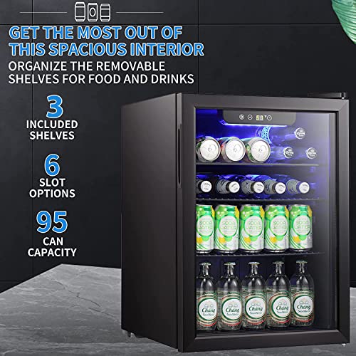 Antarctic Star Mini Fridge Cooler - 70 Can Beverage Refrigerator Glass Door Small Drink Soda Beer Wine Cooler Dispenser Machine Black Glass