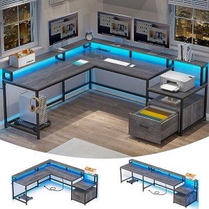 Stylish Grey L-Shaped Office Desk with LED Lights