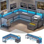 Stylish Grey L-Shaped Office Desk with LED Lights