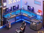 Stylish Grey L-Shaped Office Desk with LED Lights