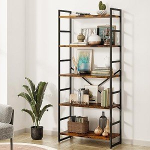 Modern 5-Tier Rustic Brown Bookshelf for Storage