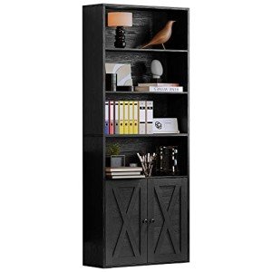 Industrial 6-Shelf Bookshelf with Doors for Home