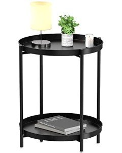 EKNITEY Black 2-Tier Metal End Table with Tray