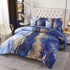 Blue Watercolor Marble Queen Bed-in-A-Bag Set