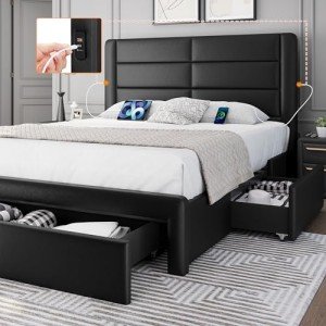 Yaheetech Queen Bed Frame with USB Ports & Storage