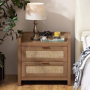 Rattan Nightstand with Charging Station and Drawers