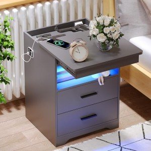Modern Grey Nightstand with USB Ports and Storage