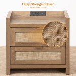 Rattan Nightstand with Charging Station and Drawers