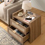 Rattan Nightstand with Charging Station and Drawers