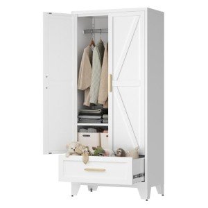 71" Tall Metal Wardrobe Cabinet with Drawer and Rod