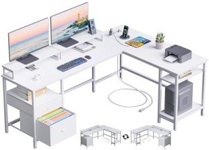 White L-Shaped Desk with Power Outlet and Storage