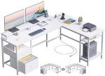 White L-Shaped Desk with Power Outlet and Storage