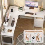 White L-Shaped Desk with Power Outlet and Storage