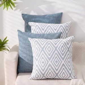 Set of 4 Blue Linen Throw Pillow Covers 18”