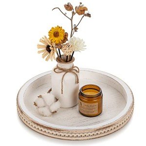 White Washed Round Wooden Serving Tray Decor