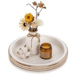 White Washed Round Wooden Serving Tray Decor