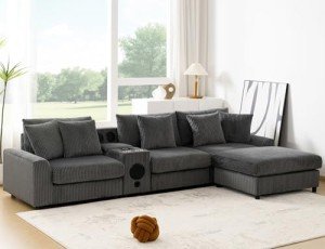 Grey Corduroy Sectional Sofa with Bluetooth Speakers