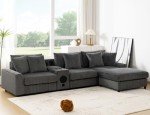 Grey Corduroy Sectional Sofa with Bluetooth Speakers