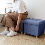 Blue Foldable Storage Ottoman with Wooden Feet