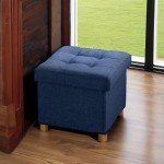 Blue Foldable Storage Ottoman with Wooden Feet