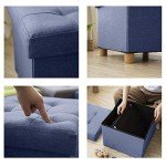 Blue Foldable Storage Ottoman with Wooden Feet