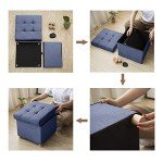 Blue Foldable Storage Ottoman with Wooden Feet