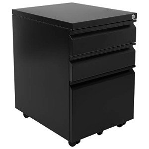 3-Drawer Rolling File Cabinet with Lock - Black