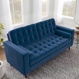 Navy Velvet Mid-Century Modern Sofa with Pillows