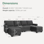 HONBAY U-Shaped Sectional Sofa with Storage, Dark Grey