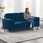 Navy Velvet Mid-Century Modern Sofa with Pillows