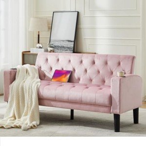 Pink Velvet Loveseat Sofa with USB Ports & Cupholders