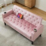 Pink Velvet Loveseat Sofa with USB Ports & Cupholders