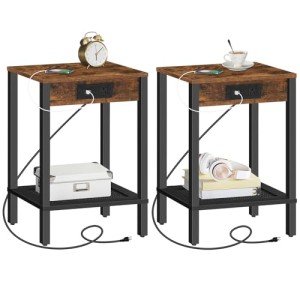 Rustic Brown Side Table Set with USB Charging