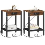 Rustic Brown Side Table Set with USB Charging