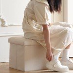 Beige Collapsible Storage Ottoman - Small Footstool