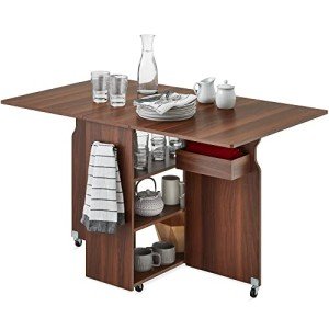 Folding Dining Table with Wheels and Storage Shelves