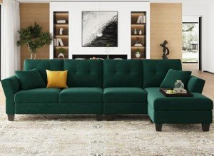 Dark Green L-Shaped Velvet Sectional Sofa with Chaise