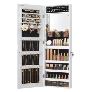 White Jewelry Cabinet with Full-Length Lighted Mirror