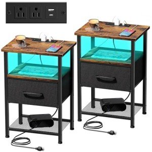 Rustic Brown Nightstands Set with LED and Charging Station