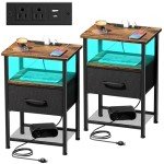 Rustic Brown Nightstands Set with LED and Charging Station