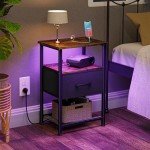 Rustic Brown Nightstands Set with LED and Charging Station
