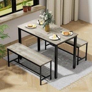 Grey Dining Table Set for 4 with Benches
