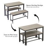 Grey Dining Table Set for 4 with Benches