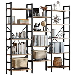 Triple Wide 5-Tier Industrial Bookcase with Metal Frame