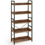 Rolanstar 5-Tier Vintage Wood Bookshelf with Hooks