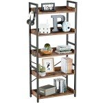 Rolanstar 5-Tier Vintage Wood Bookshelf with Hooks