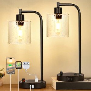 2 Industrial Dimmable Table Lamps with USB Ports