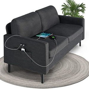 56" Dark Grey Fabric Loveseat Sofa with USB Ports