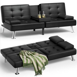 Black Leather Futon Sofa Bed with Cup Holders